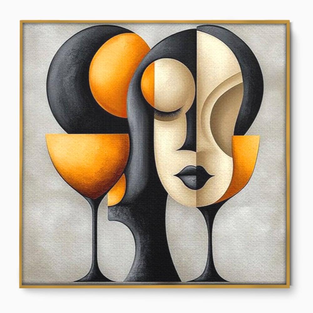 Tablou canvas cu tablou canvas cu portret cubist si pahare, in rama de aluminiu auriu